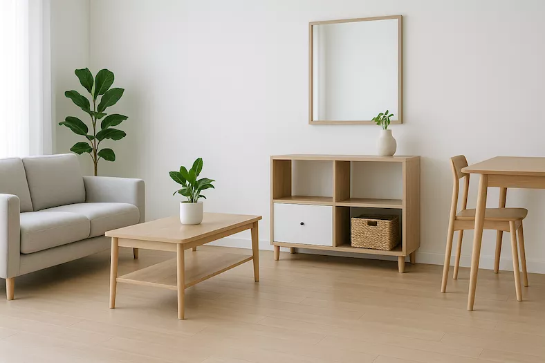 “Modernt och organiserat hem med lättstädade möbler och fria ytor – symboliserar städvänlig inredning som underlättar rengöring och skapar ordning i vardagen”